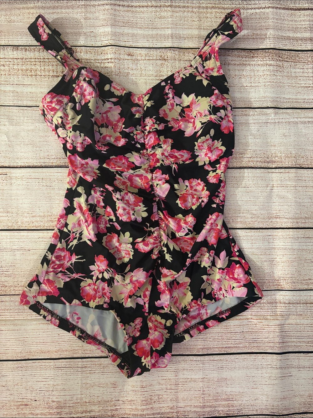 Maxine of Hollywood Black One-Piece Swimsuit with Pink Floral Print